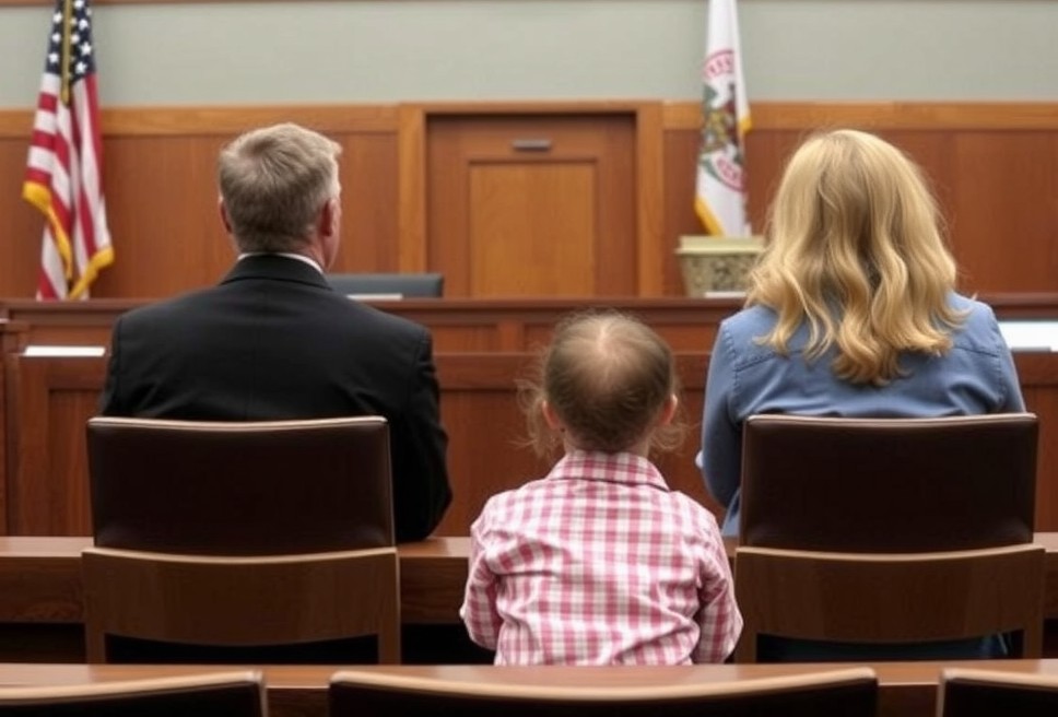 A courtroom setting in Idaho, showing two parents sitting apart with a child nearby.