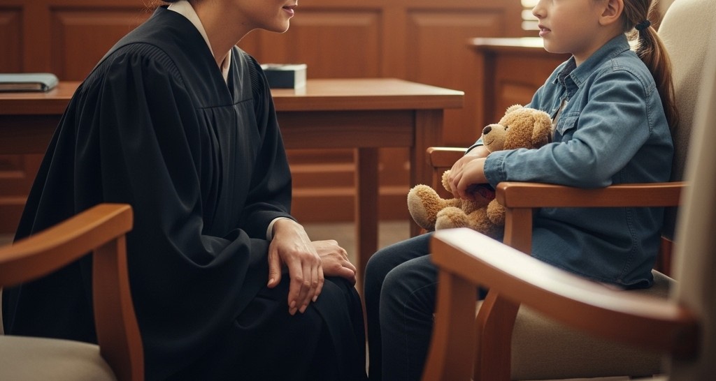 A thoughtful judge speaking with a child in a calm courtroom setting.