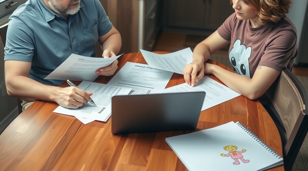 Two divorced Idaho parents calmly discussing child support at a kitchen table. Papers and a laptop are on the table.
