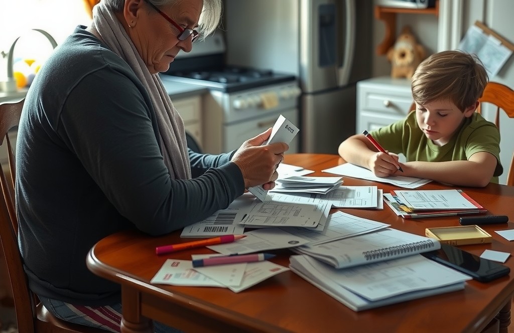 A single parent at a kitchen table surrounded by bills, with a child doing homework nearby.