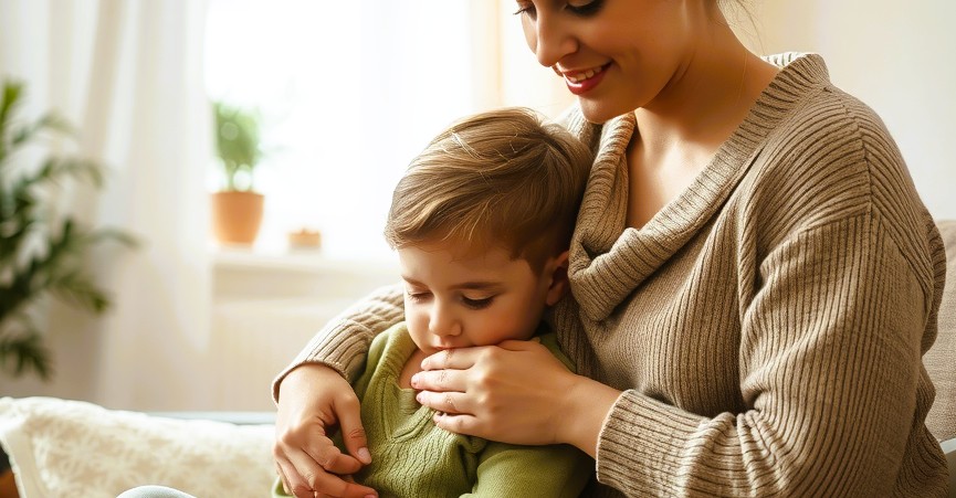 a parent comforting their child in a cozy home setting after a divorce