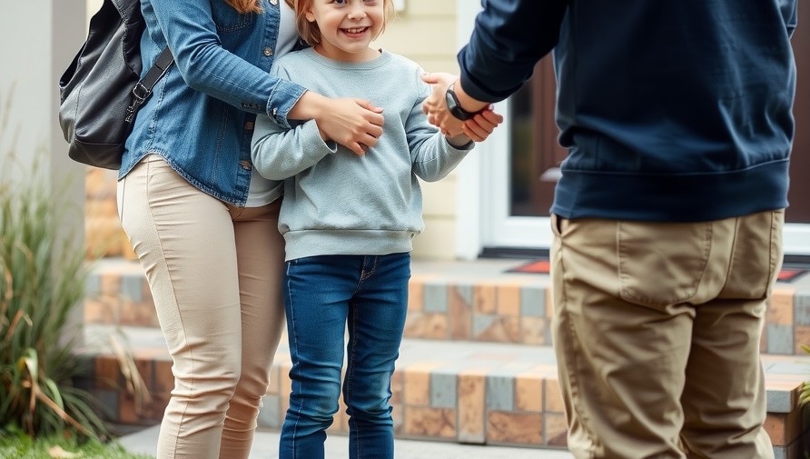 A scene showing two divorced parents peacefully exchanging custody of their smiling child outside a suburban Idaho home.