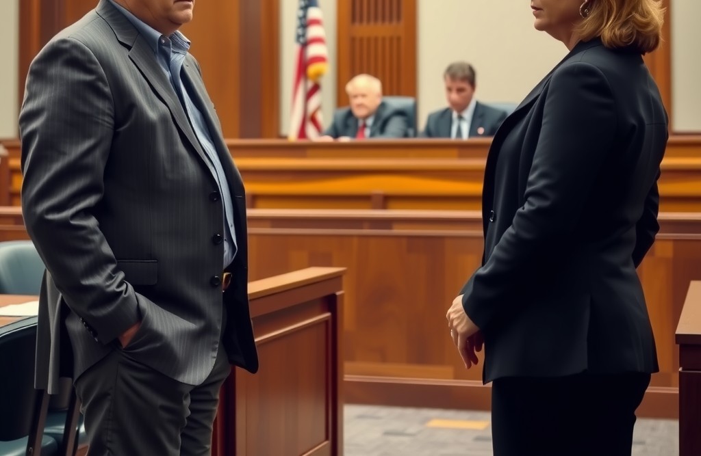 A courtroom setting with a middle-aged man and woman standing apart, facing the judge.