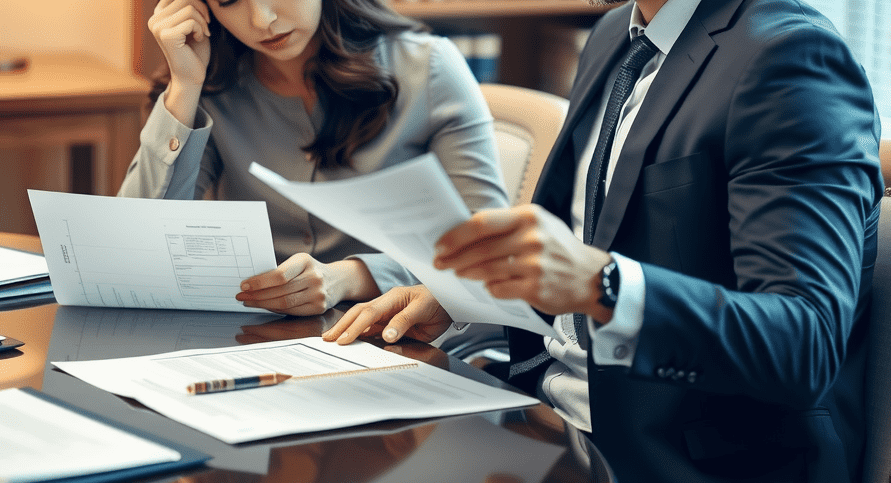 A distressed couple sitting at a lawyer's office, reviewing financial documents and property division paperwork.