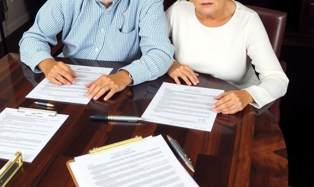 Middle-aged couple reviewing financial documents at a table