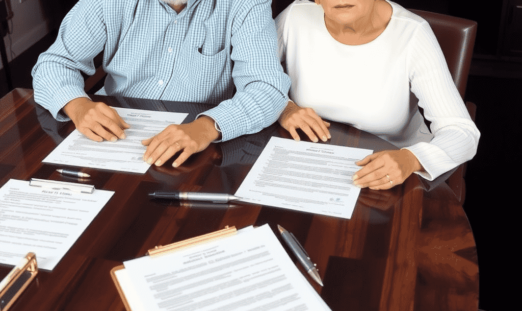 Middle-aged couple reviewing financial documents at a table