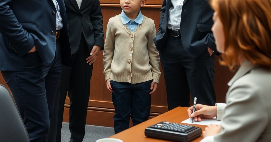 A courtroom scene involving two divorced parents in business-casual attire, calmly discussing a child custody relocation case with a family law attorney.