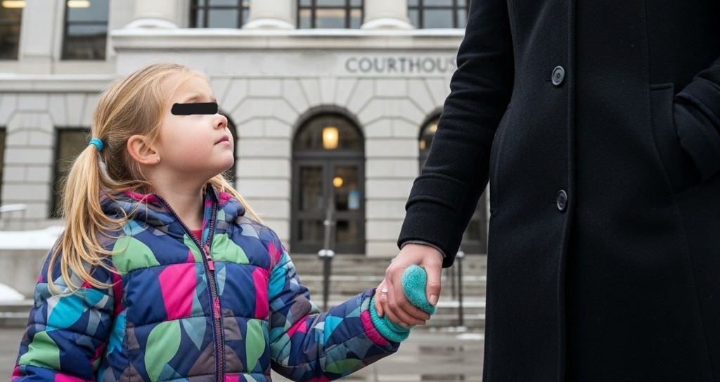 A mother holds her child's hand outside the courthouse, symbolizing the challenges and emotions of child custody proceedings.