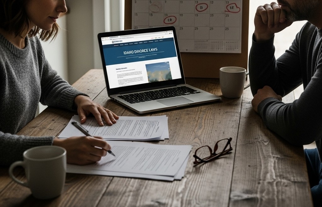 A thoughtful couple sits at a kitchen table with legal documents, a calendar marked with dates, and a laptop displaying "IDAHO DIVORCE LAWS."