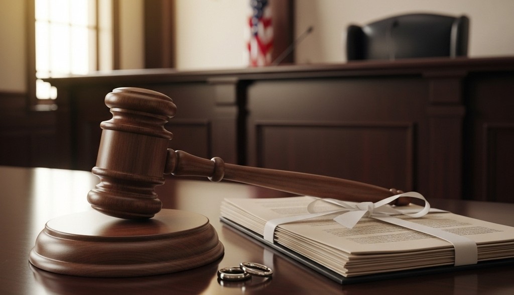 A courtroom scene in Idaho with a judge’s gavel on the bench, legal documents and wedding rings placed beside it, symbolizing divorce proceedings and family law guidance.