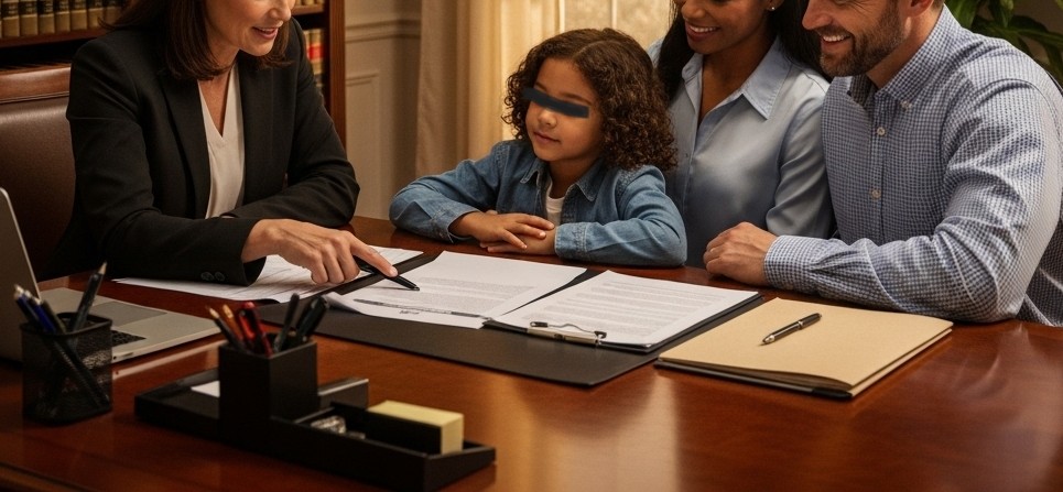 family-law-3 An attorney points to a document while consulting with a diverse family, including a father, mother, and child, in a warm office environment.