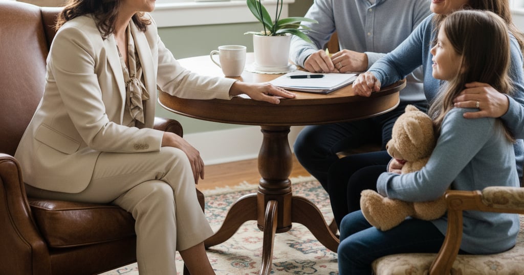 family-law-attorney Parents and a child creating a new custody plan with a family lawyer in a welcoming legal office setting.