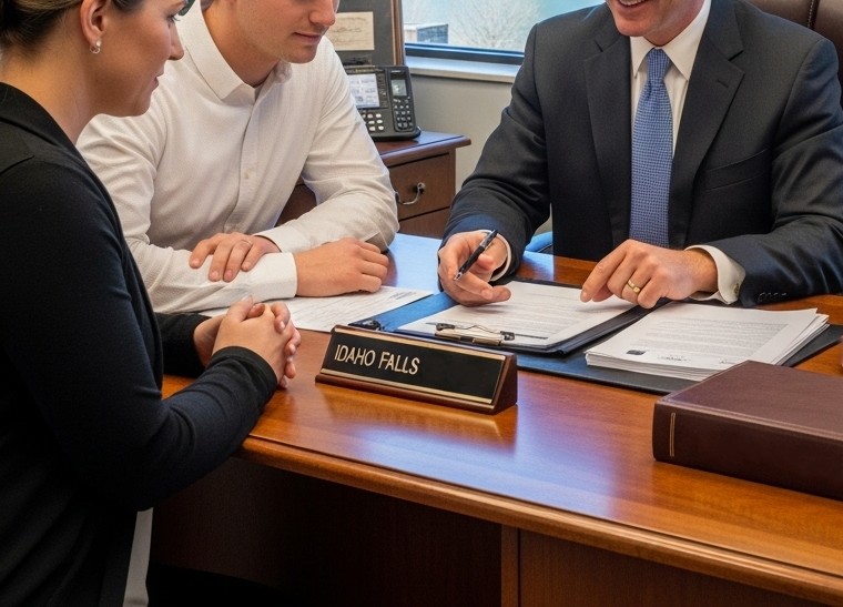 family-law-guidance-2 A lawyer in an office with a family, discussing documents.