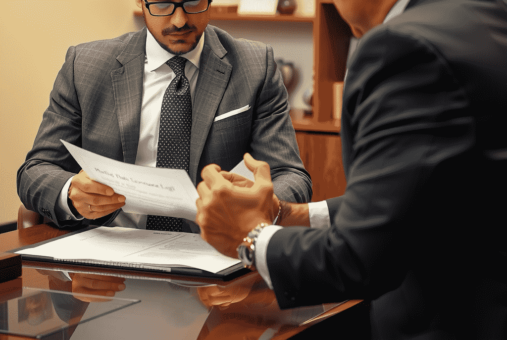 A business owner in a professional office, reviewing legal documents with an attorney.