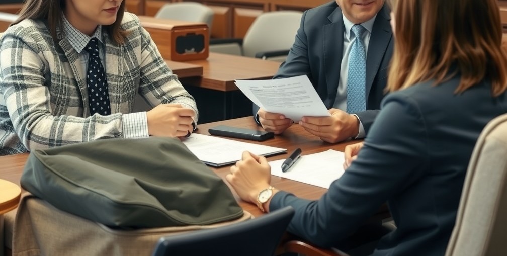 A lawyer’s office scene in Idaho, showing a compassionate attorney reviewing legal documents with a separated couple