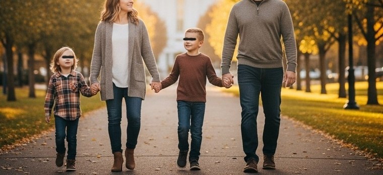 unnamed (4) A family of four walks hand-in-hand down a path in a park